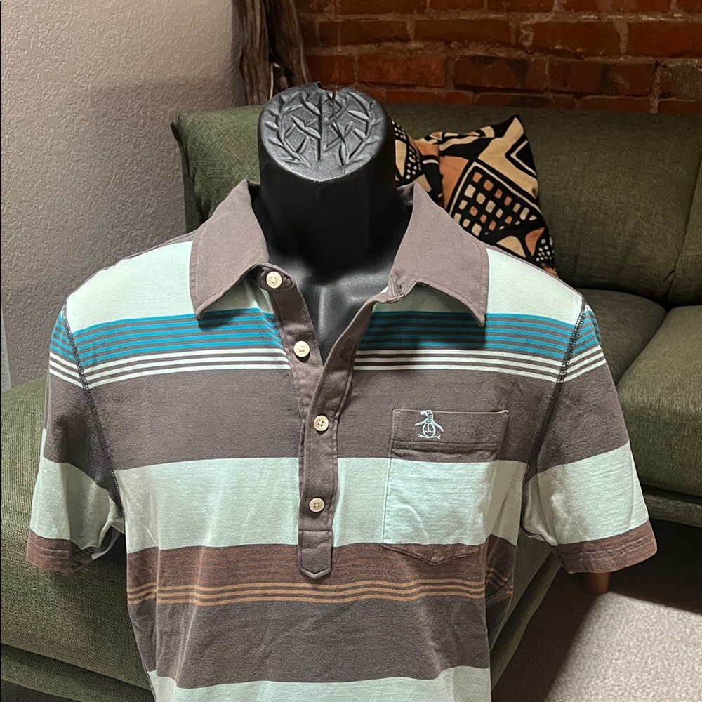 Original Penguin Men's Gray and Aqua Polo-style shirt
